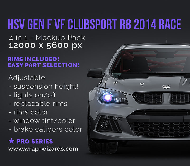 HSV Generation F VF Clubsport R8 2014 with GTS rear wing, bonnet clips and rollcage (race version) - Car Mockup