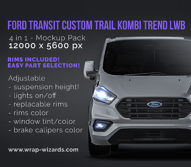 Ford Transit Custom Trail Kombi Trend L2H1 LWB glossy finish - all sides Car Mockup Template.psd
