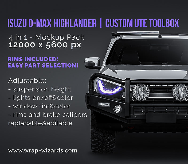 Isuzu D-max Highlander Double Cab 2022 with custom UTE toolbox glossy finish - all sides Car Mockup Template.psd