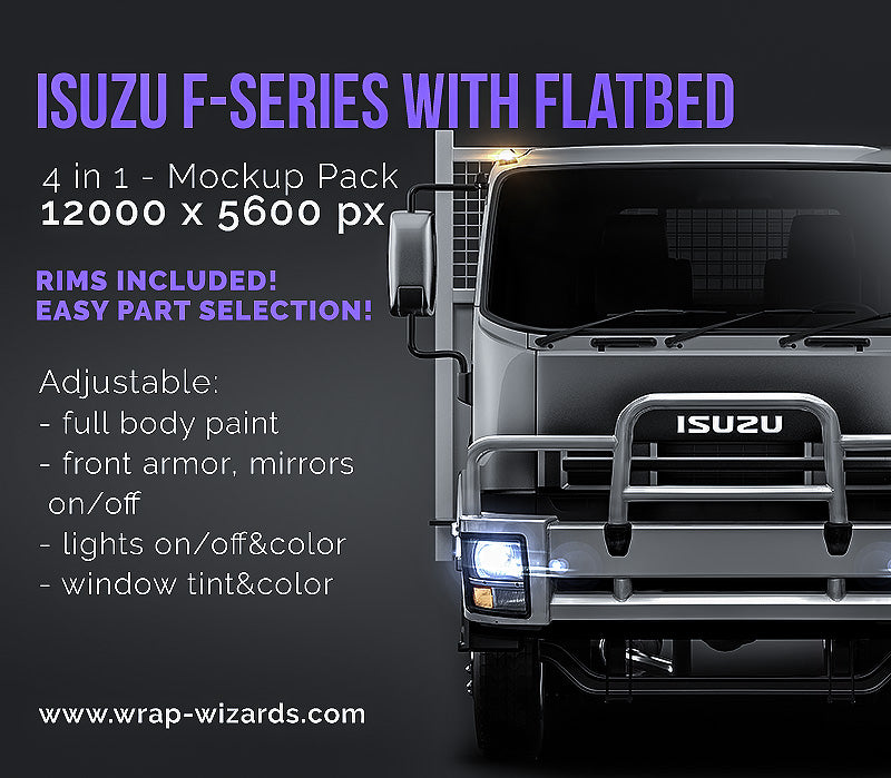 Isuzu F-Series with alloy flatbed glossy finish - all sides Car Mockup Template.psd