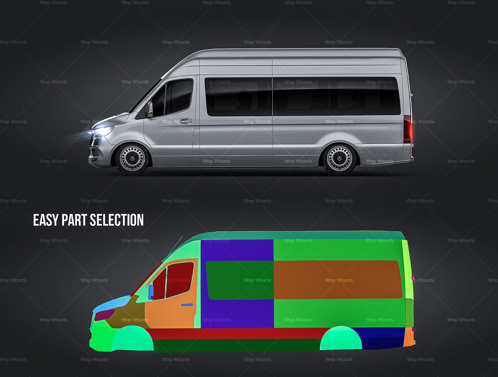 Mercedes Benz Sprinter panel/passenger van L3H3 with optional windows glossy finish - all sides Car Mockup Template.psd