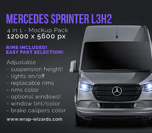 Mercedes Benz Sprinter panel/passenger van L3H2 with optional windows glossy finish - all sides Car Mockup Template.psd