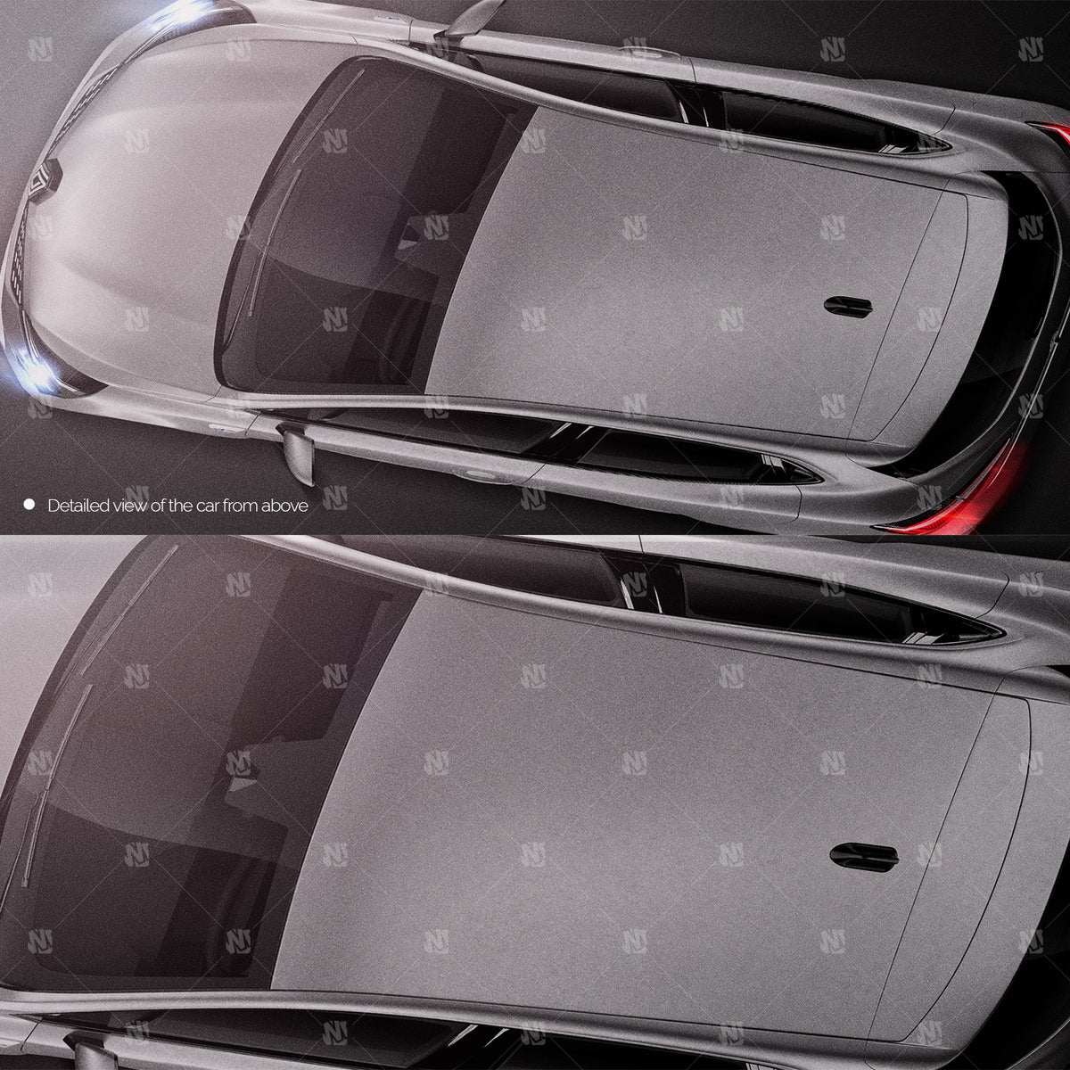 Premium car mockup for Renault Clio 2024 Esprit alpine edition, top view and detailed view of car from above.
