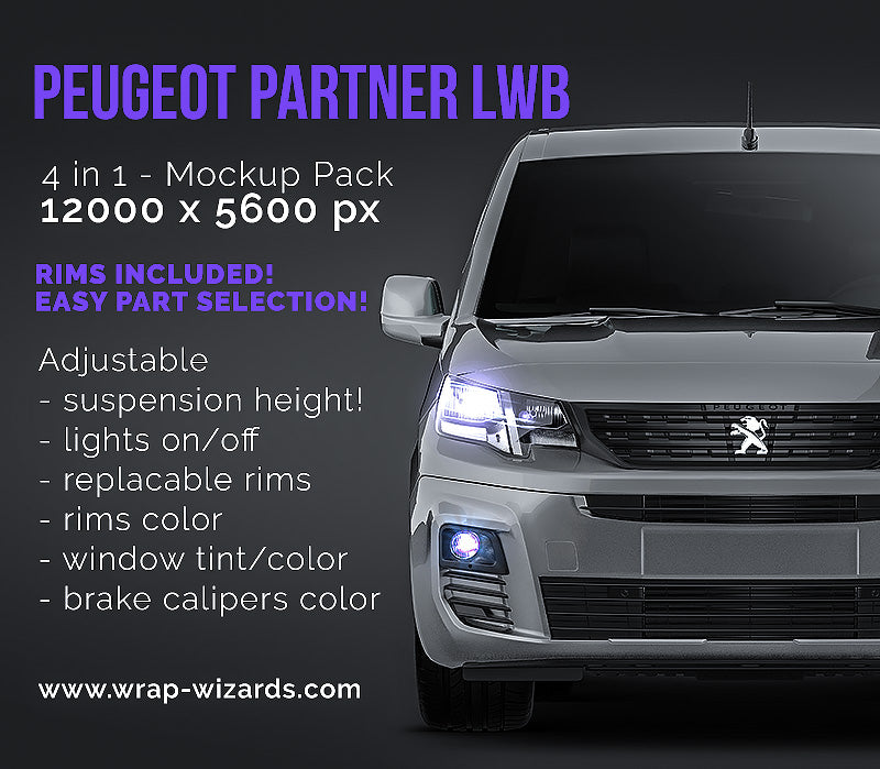 Peugeot Partner Crew Van LWB glossy finish - all sides Car Mockup Template.psd