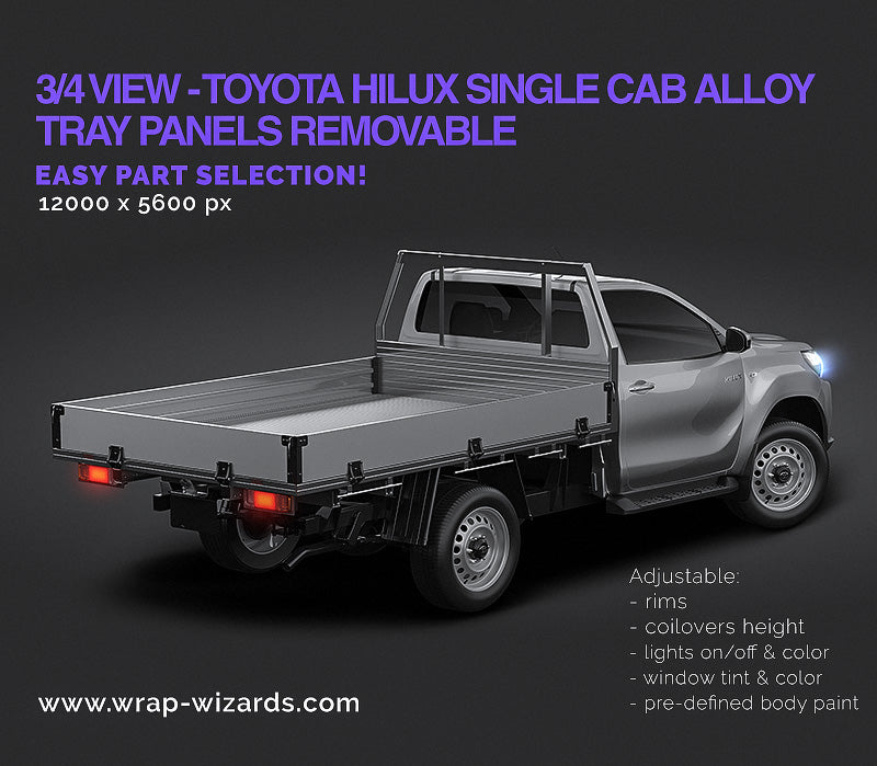 3/4 REAR VIEW - Toyota Hilux 2021 Single Cab Alloy Tray with removable panels - Truck/Pick-up Mockup