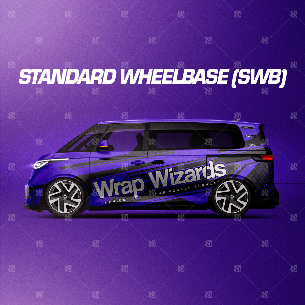 Premium car mockup for ID BUZZ GTX, long wheelbase and standard wheelbase - side view