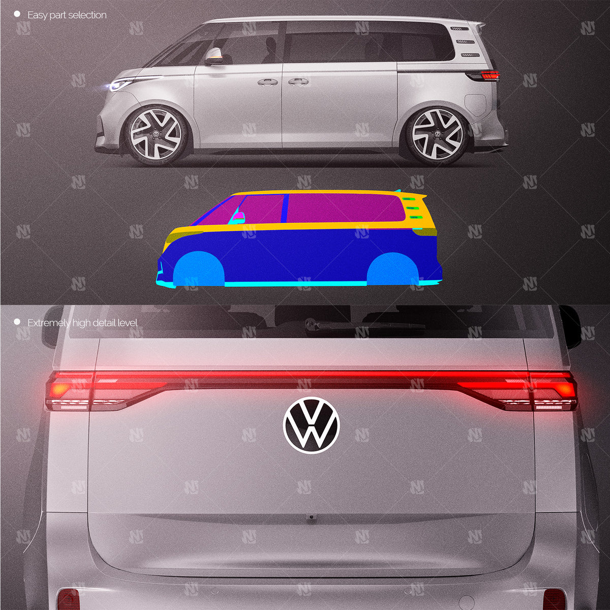 Premium car mockup for ID BUZZ GTX, long wheelbase and standard wheelbase - side view, high details