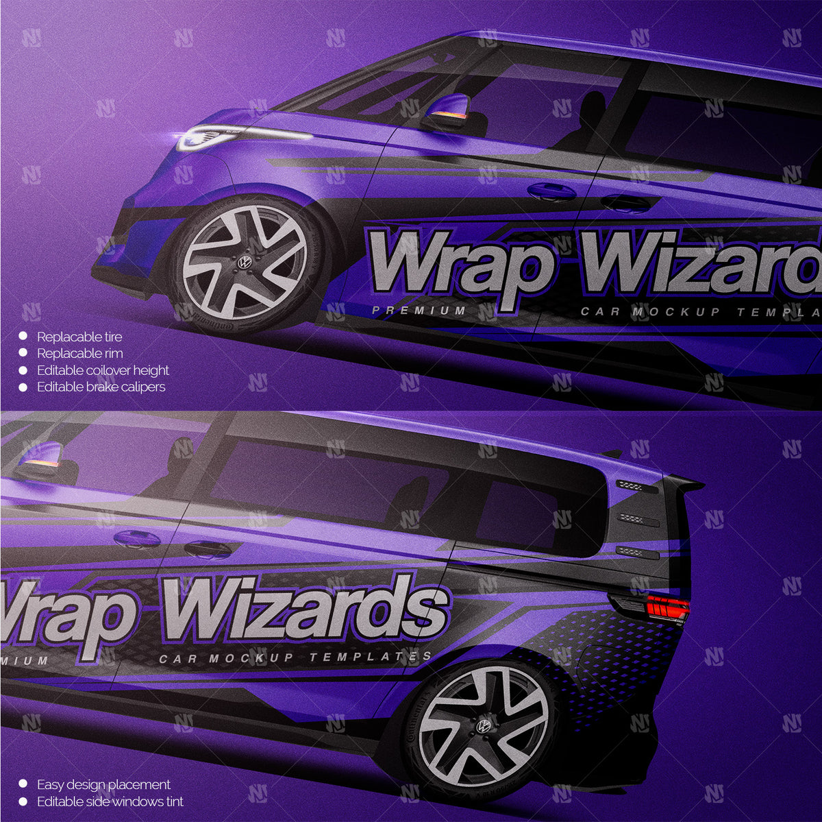 Premium car mockup for ID BUZZ GTX, long wheelbase and standard wheelbase - design 