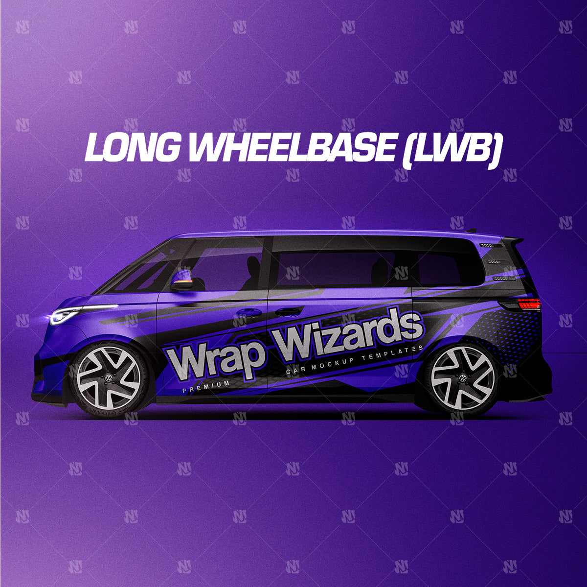 Premium car mockup for ID BUZZ GTX, long wheelbase and standard wheelbase - side view
