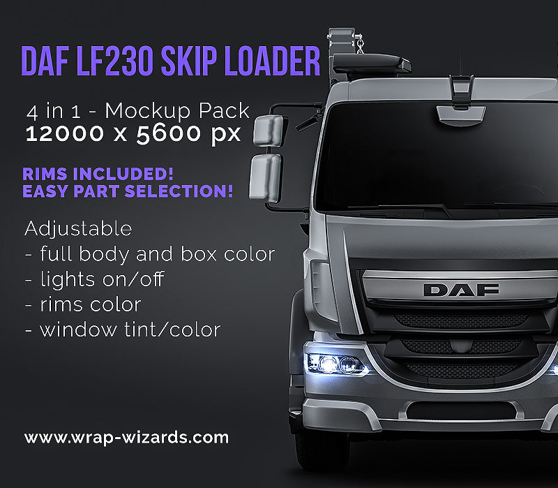 DAF LF230 skip loader truck glossy finish - all sides Car Mockup Template.psd