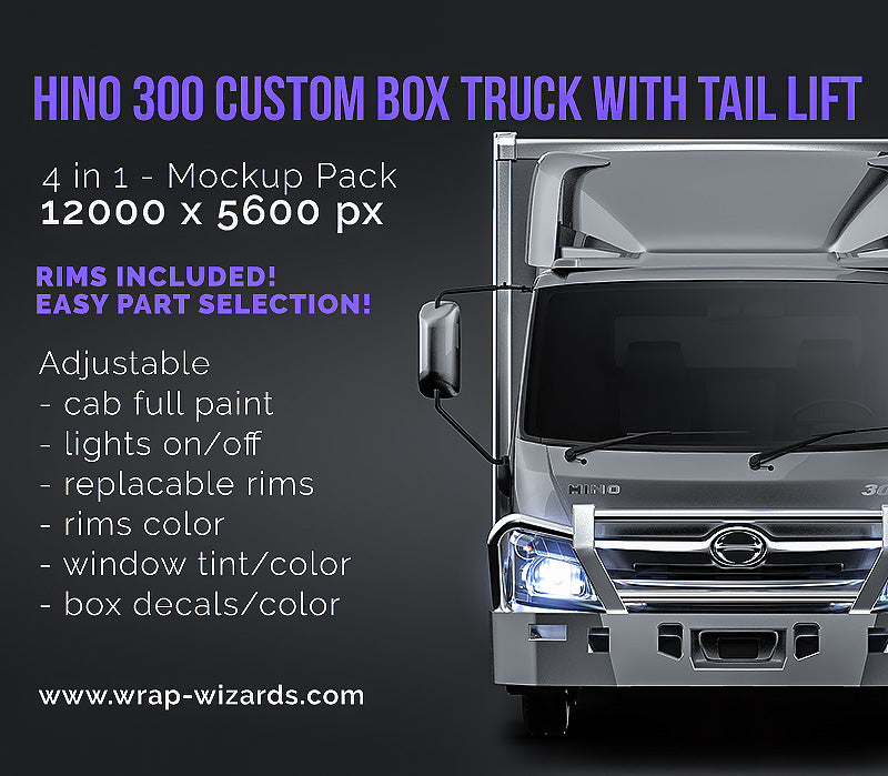 Hino 300 custom box truck with tail lift glossy finish - all sides Car Mockup Template.psd