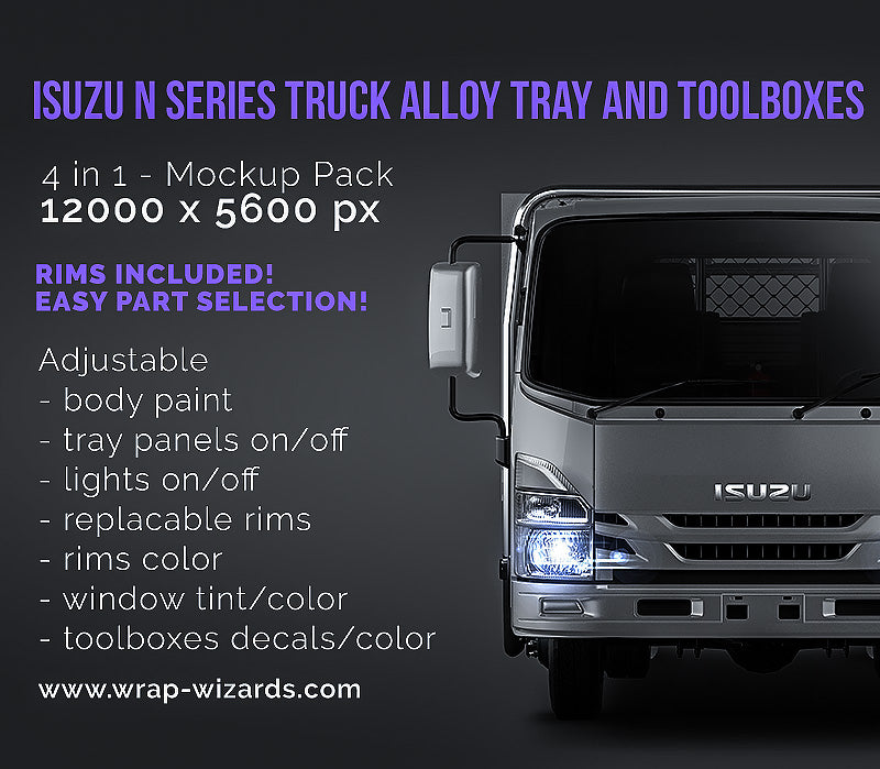 Isuzu N series truck with alloy tray and custom toolboxes glossy finish - all sides Car Mockup Template.psd