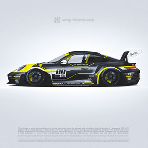 Motorsport livery design for porsche 911 gt3rs, can be adjusted to any car model. Black and yellow with sponzors.