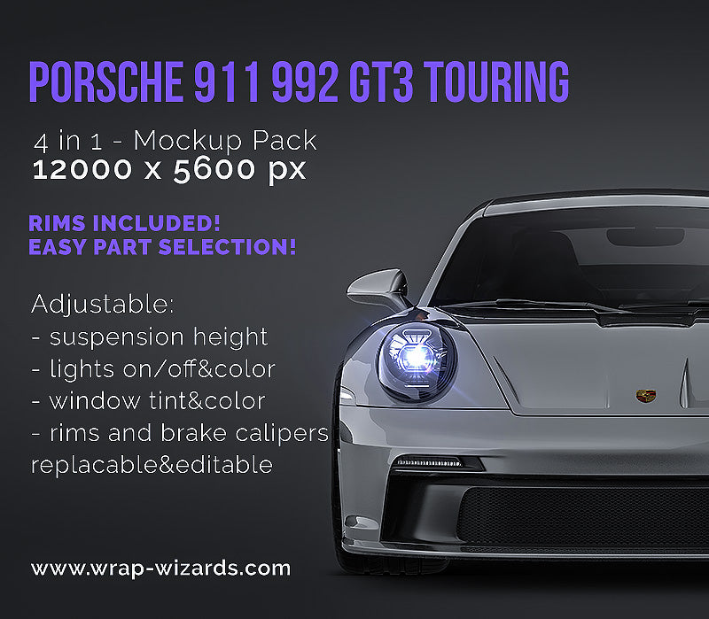 Porsche 911 992 GT3 Touring glossy finish - all sides Car Mockup Template.psd