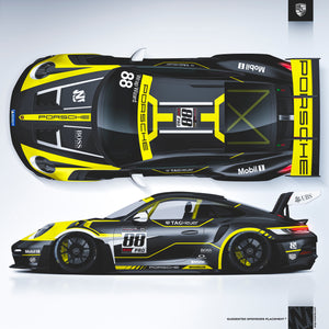 Motorsport livery design for porsche 911 gt3rs, can be adjusted to any car model. Black and yellow with sponzors.