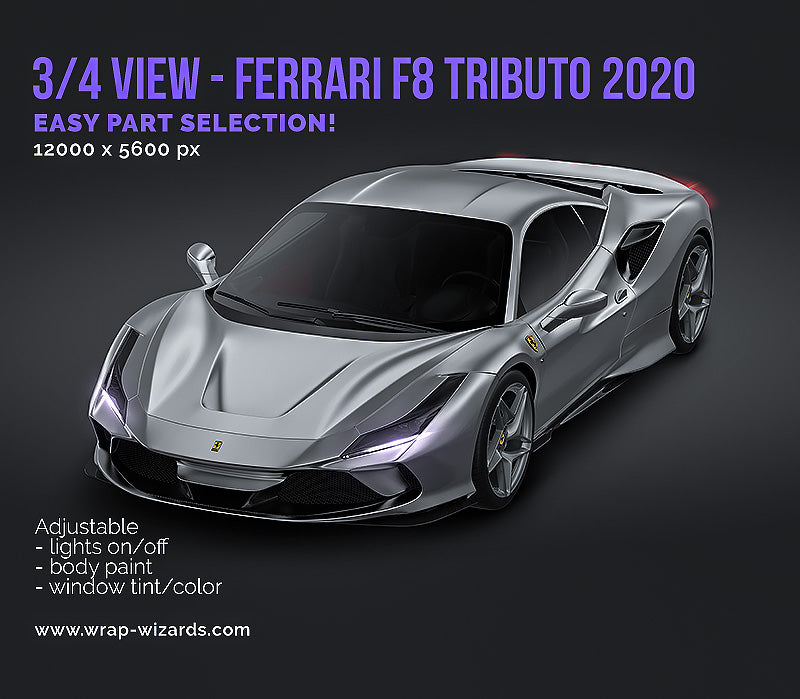 3/4 VIEW - Ferrari F8 Tributo 2020 satin matt finish - Car Mockup Template.psd