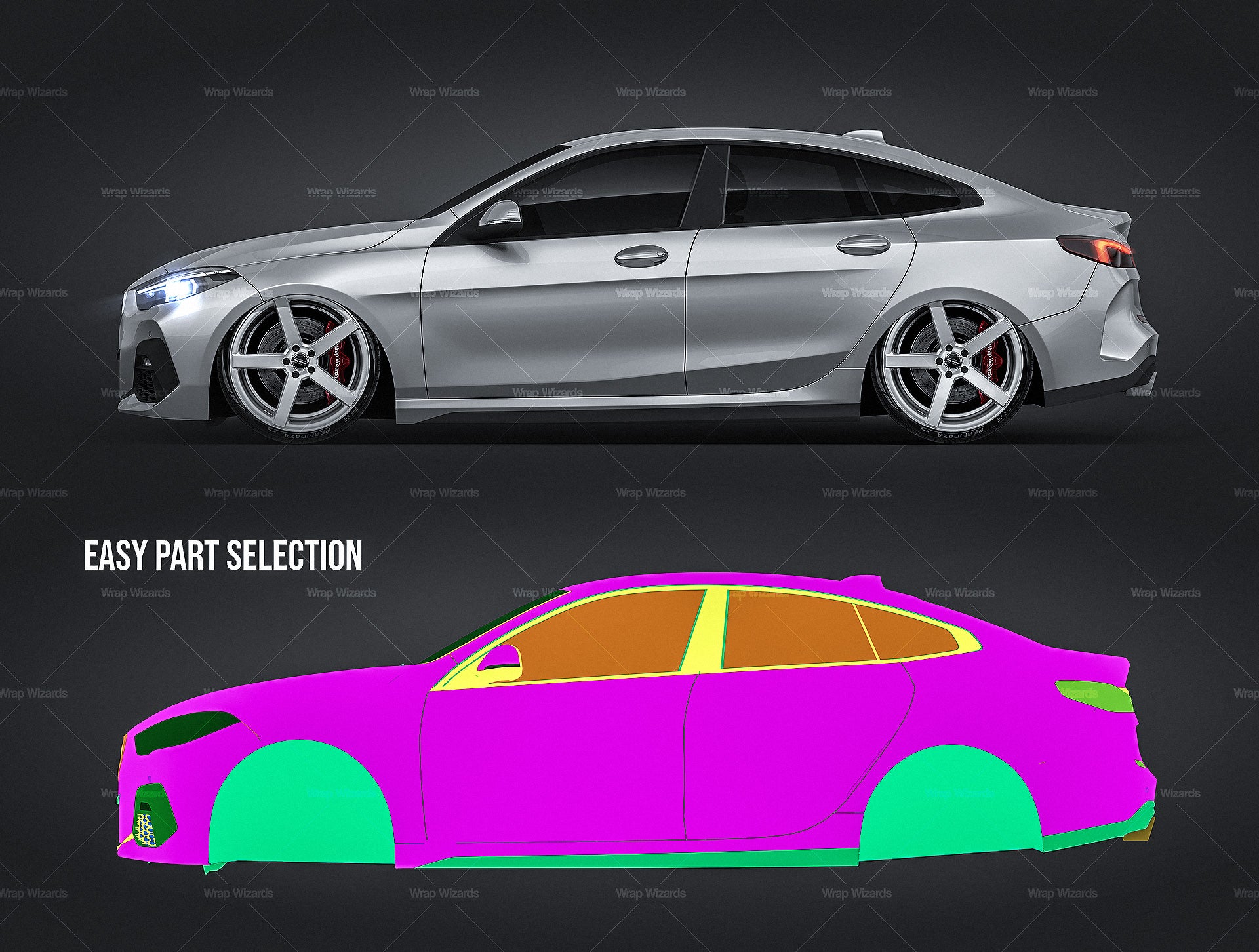 BMW 2 Series Gran Coupe 2020 glossy finish - all sides Car Mockup Template.psd