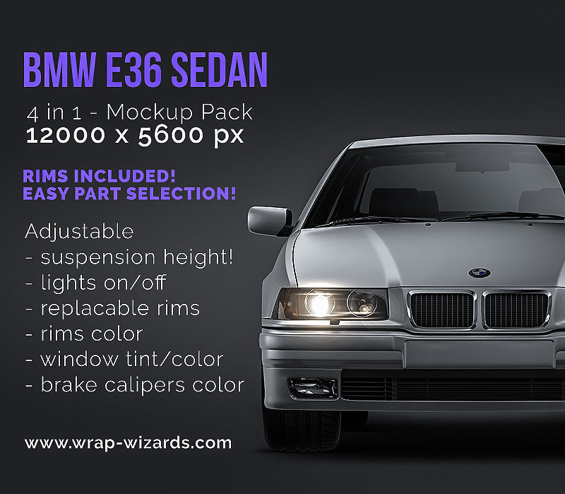 BMW 3-Series E36 Sedan satin matt finish - all sides Car Mockup Template.psd