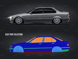 BMW 3-Series E36 Sedan satin matt finish - all sides Car Mockup Template.psd