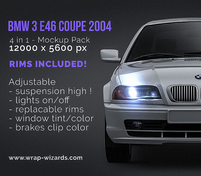 BMW 3 E46 coupe 2004 glossy finish - all sides Car Mockup Template.psd