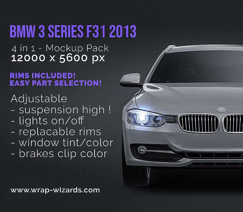 BMW 3 series F31 Touring 2013 glossy finish - all sides Car Mockup Template.psd