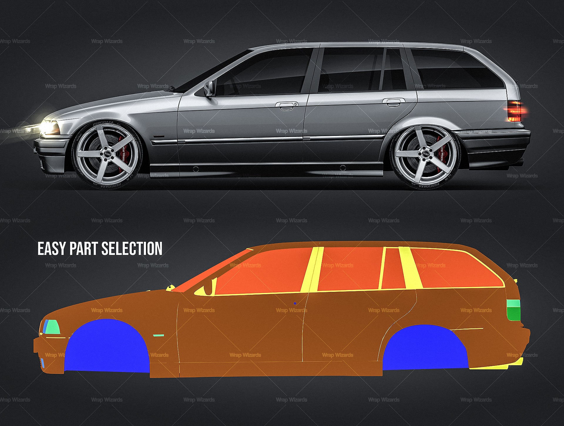 BMW 3-series E36 Touring 1990 glossy finish - all sides Car Mockup Template.psd