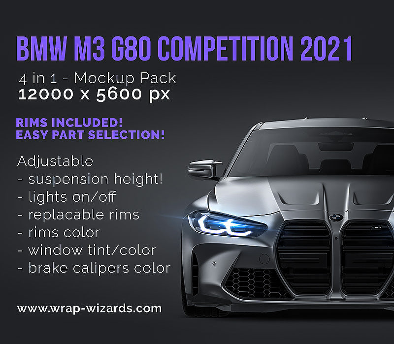 BMW M3 G80 Competition 2021 satin matt finish - all sides Car Mockup Template.psd