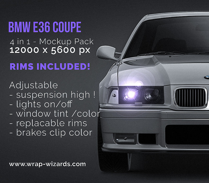 BMW E36 Coupe glossy finish - all sides Car Mockup Template.psd