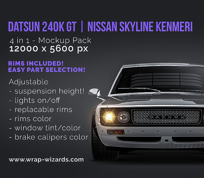 Datsun 240k GT 1973 v Nissan Skyline GT-R 2000 Kenmeri - Car Mockup