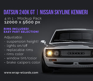 Datsun 240k GT 1973 v Nissan Skyline GT-R 2000 Kenmeri glossy finish - all sides Car Mockup Template.psd