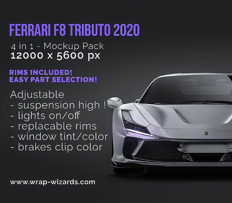 Ferrari F8 Tributo 2020 satin matt finish - all sides Car Mockup Template.psd