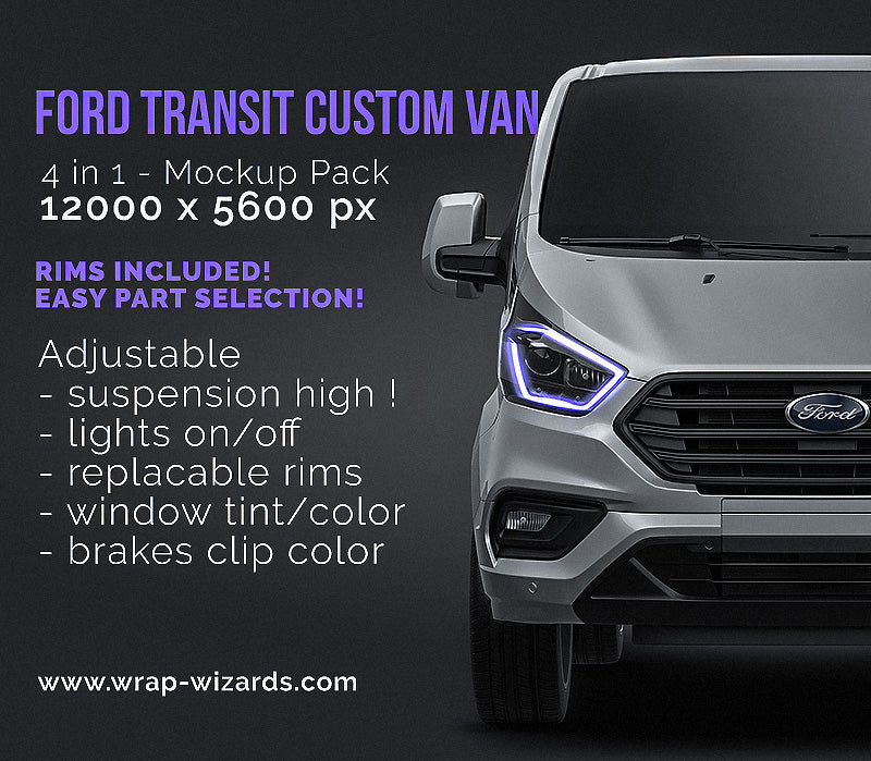 Ford Transit Custom Van glossy finish - all sides Car Mockup Template.psd