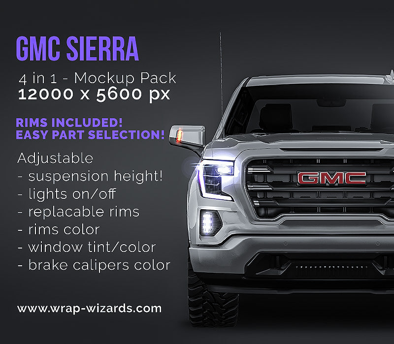 GMC Sierra Elevation 1500 glossy finish - all sides Car Mockup Template.psd