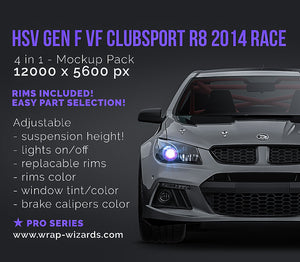 HSV Generation F VF Clubsport R8 2014 with GTS rear wing, bonnet clips and rollcage (race version) glossy finish - all sides Car Mockup Template.psd