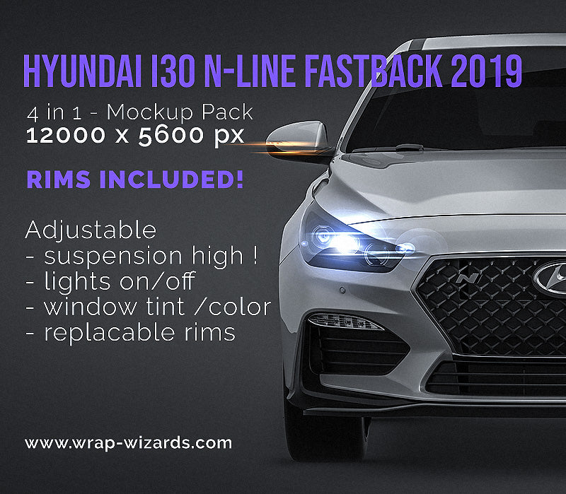 Hyundai I30 N-Line Fastback 2019 glossy finish - all sides Car Mockup Template.psd