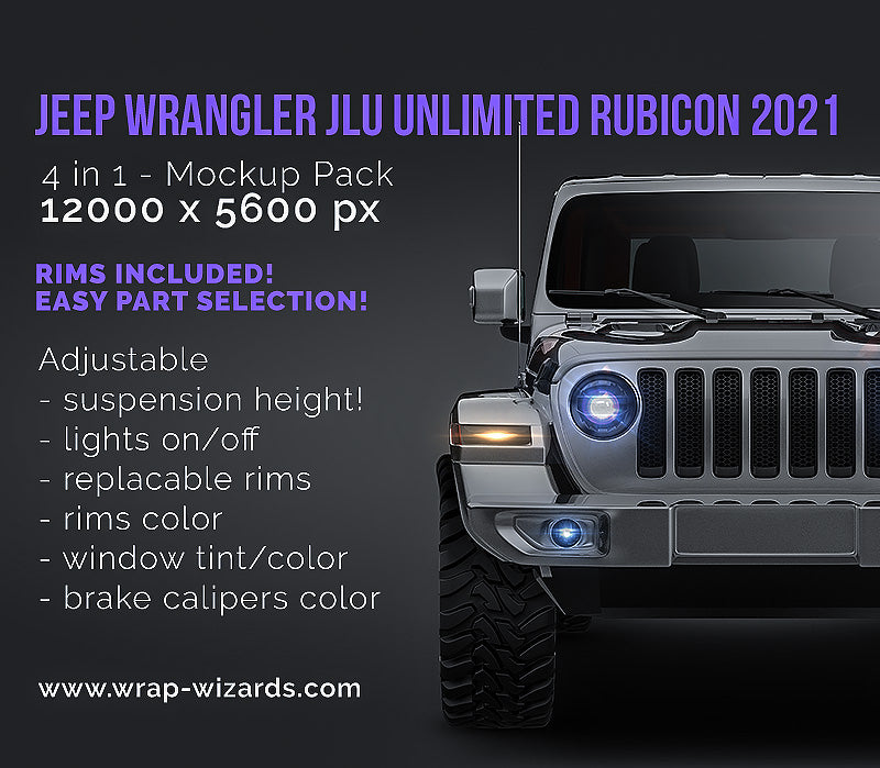 Jeep Wrangler JLU Unlimited Rubicon 2021 glossy finish - all sides Car Mockup Template.psd