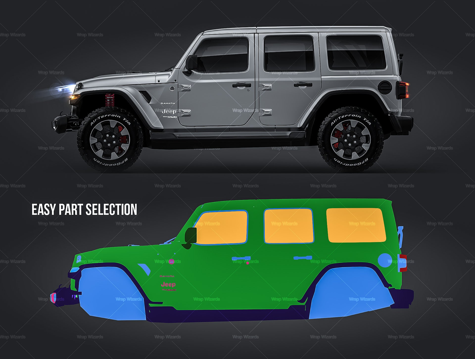 Jeep Wrangler Sahara Unlimited 2018 satin matt finish - all sides Car Mockup Template.psd