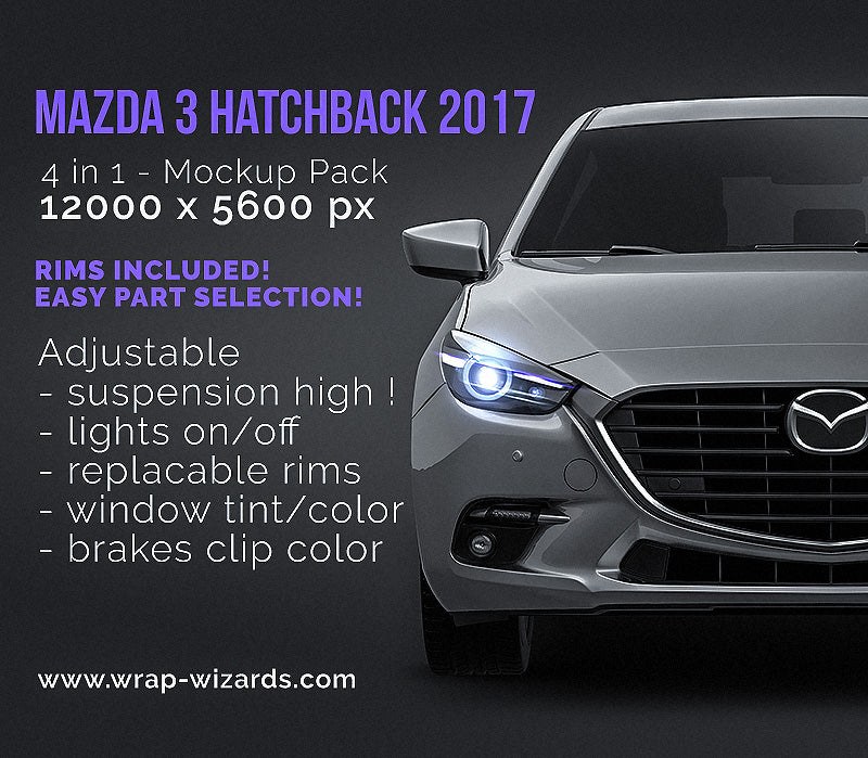 Mazda 3 Hatchback 2017 glossy finish - all sides Car Mockup Template.psd