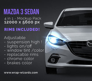 Mazda 3 Sedan glossy finish - all sides Car Mockup Template.psd