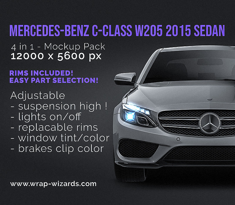 Mercedes-Benz C-class W205 2015 sedan glossy finish - all sides Car Mockup Template.psd