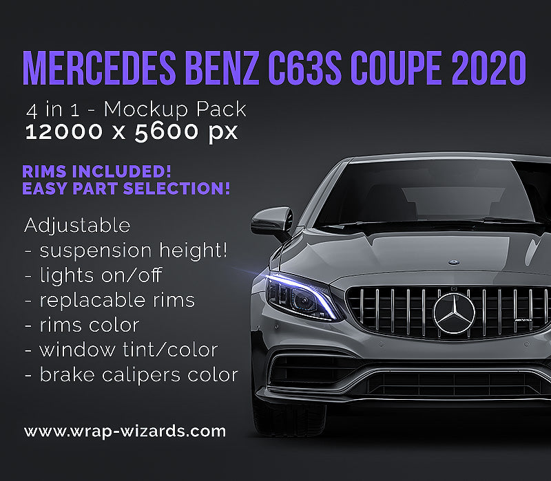 Mercedes Benz C63S Coupe 2020 glossy finish - all sides Car Mockup Template.psd