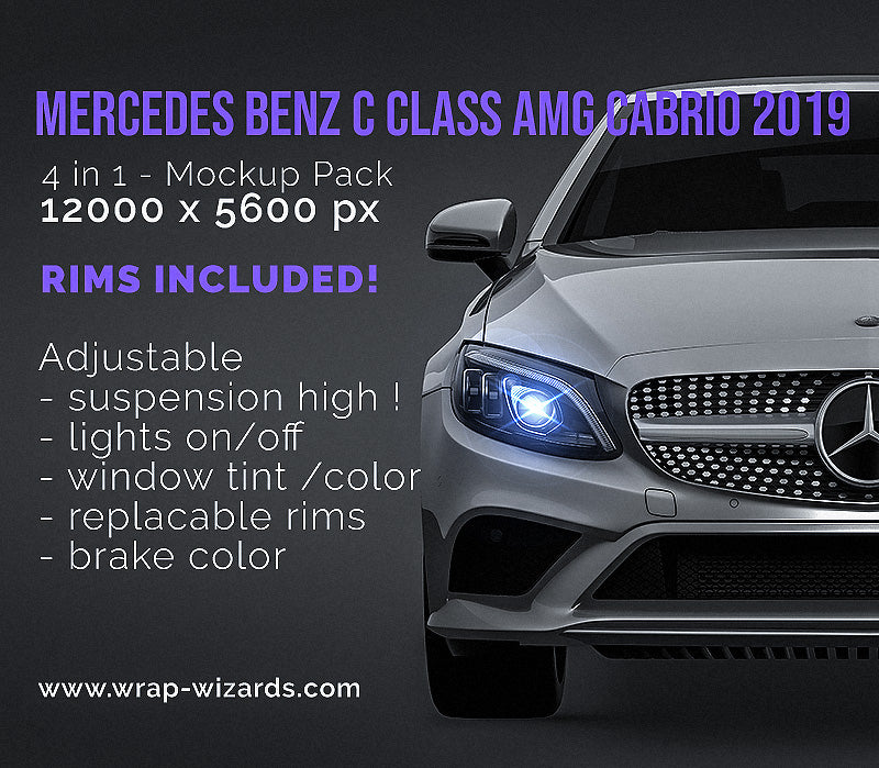 Mercedes-Benz C-class AMG cabrio 2019 glossy finish - all sides Car Mockup Template.psd