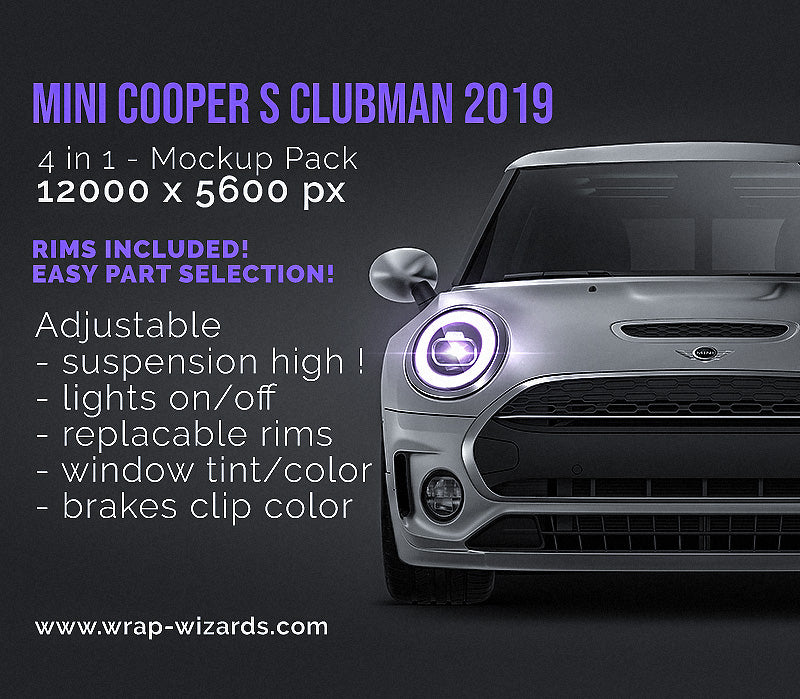 Mini Cooper S Clubman 2019 satin matt finish - all sides Car Mockup Template.psd