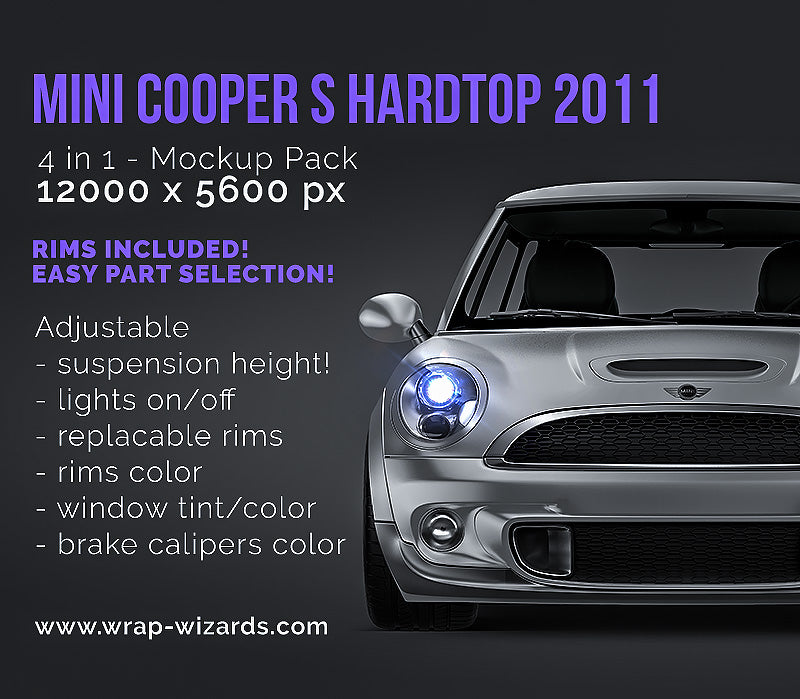 Mini Cooper S 2011 with hardtop satin matt finish - all sides Car Mockup Template.psd