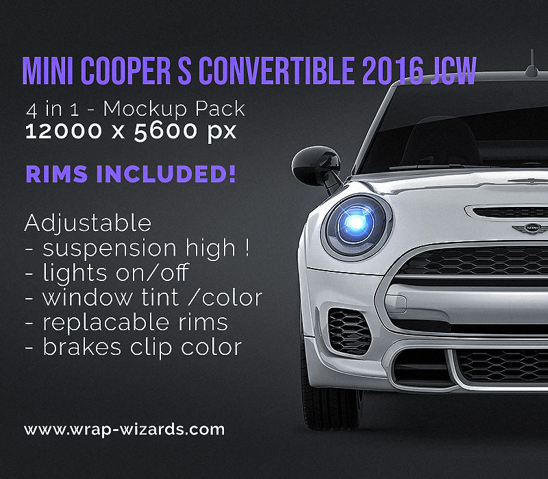 Mini Cooper S Convertible 2016 JCW John Cooper Works glossy finish - all sides Car Mockup Template.psd