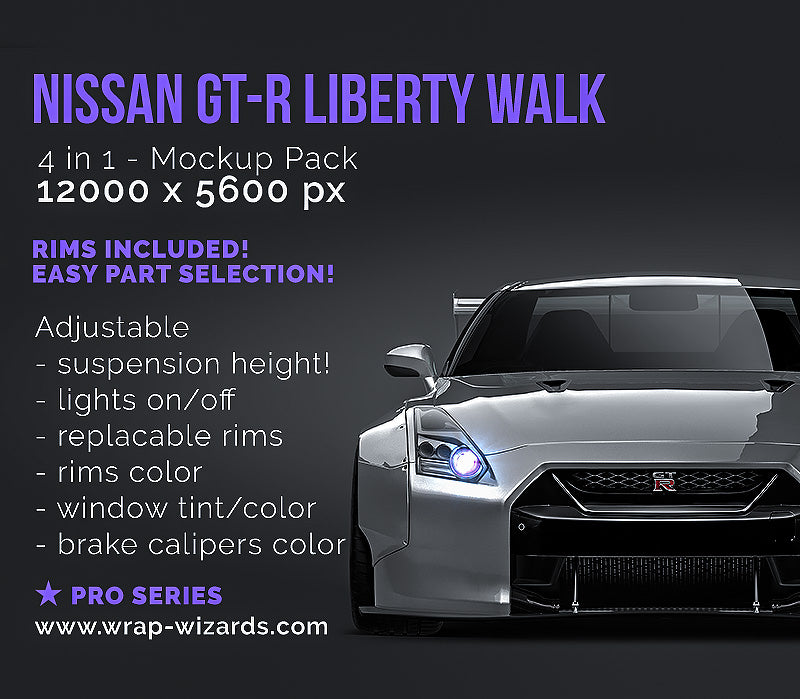 Nissan GT-R Liberty Walk bodykit glossy finish - all sides Car Mockup Template.psd