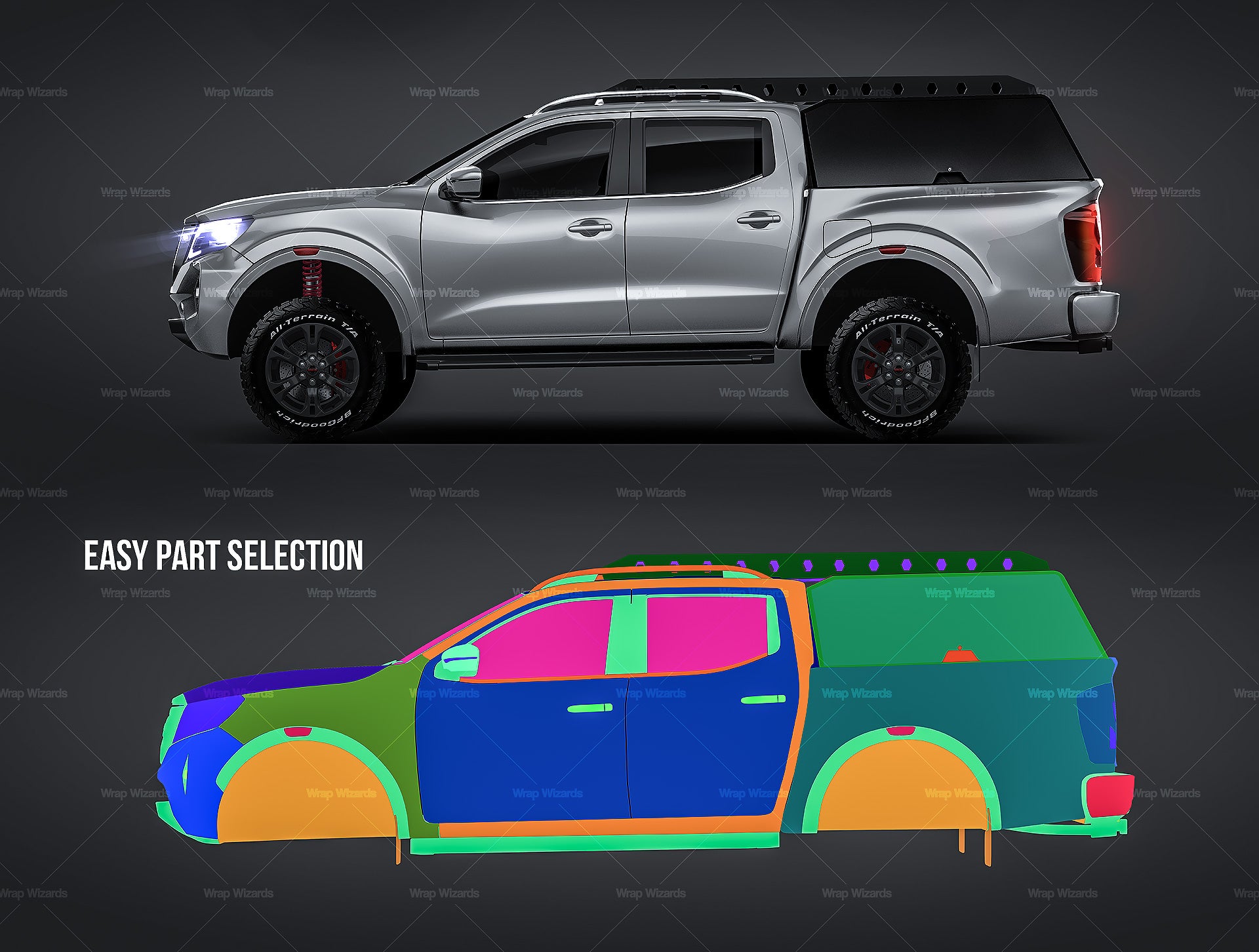 Nissan Navara Double Cab PRO 4X 2022 with canopy and racks glossy finish - all sides Car Mockup Template.psd