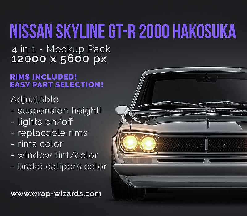 Nissan Skyline GT-R 2000 Hakosuka glossy finish - all sides Car Mockup Template.psd