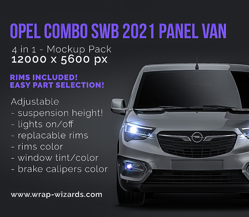 Opel Combo SWB 2021 panel van glossy finish - all sides Car Mockup Template.psd