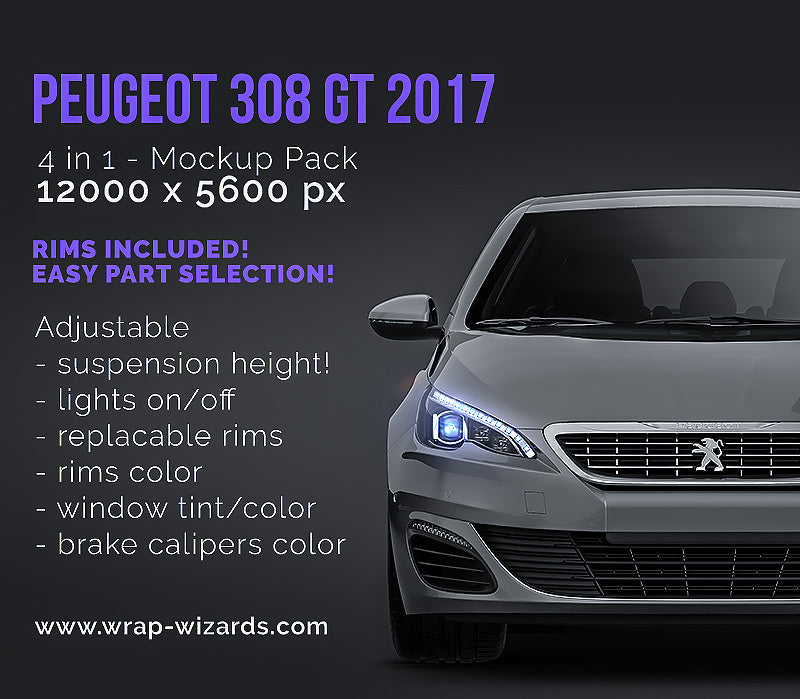 Peugeot 308 GT 2017 glossy finish - all sides Car Mockup Template.psd